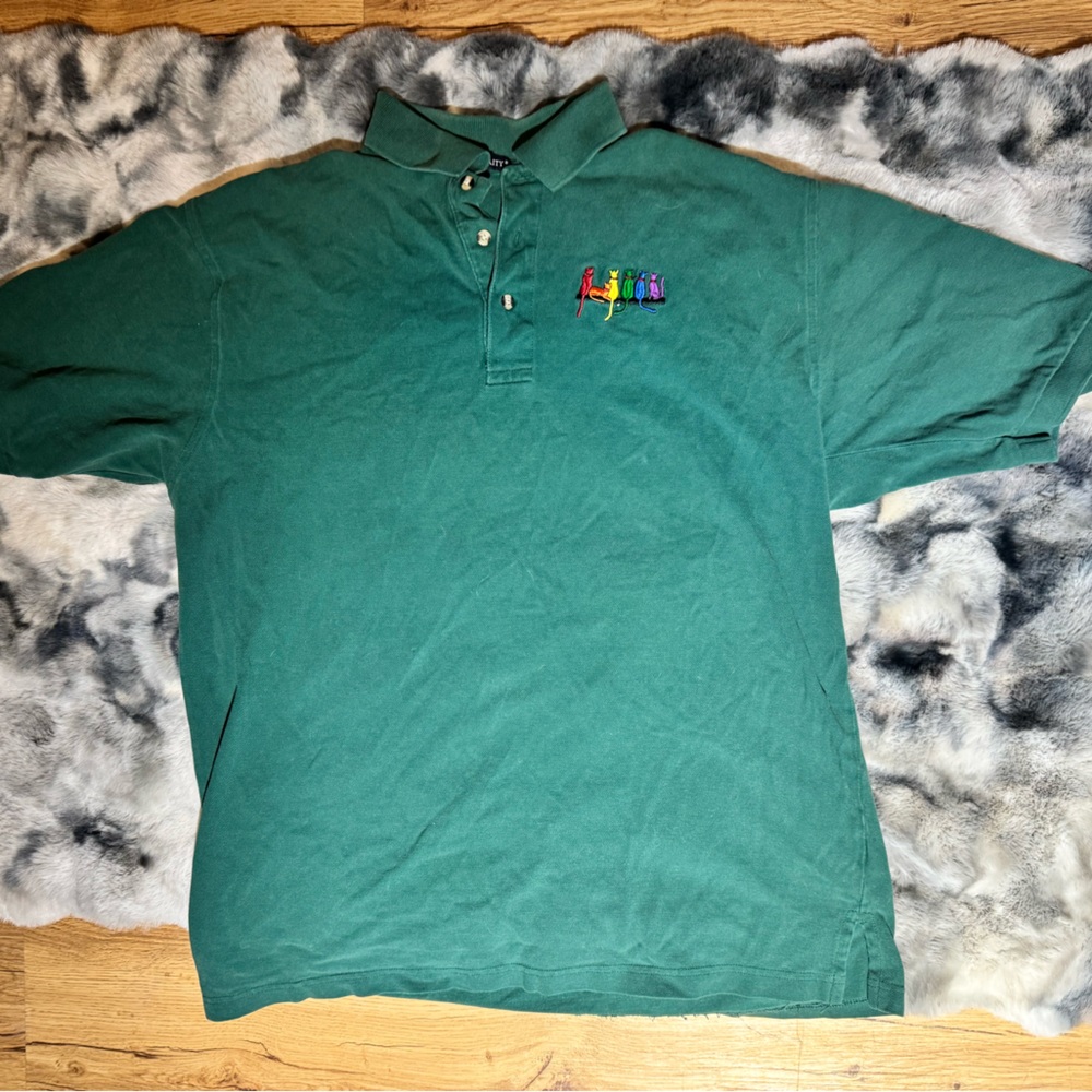Green Polo Shirt with Colorful Logo